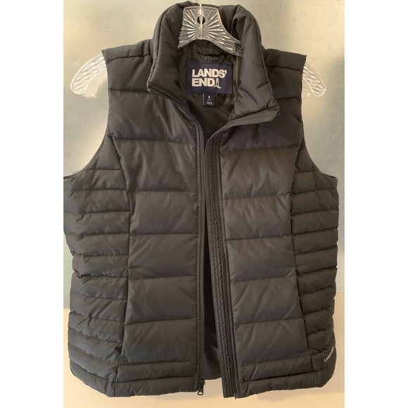 Lands' End Quilted Mock Neck Puffer Vest Black Goose Down Snap Pockets Small 6-8 - Picture 1 of 16